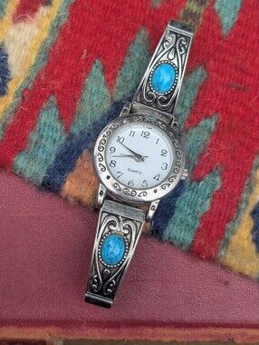 Southwestern Silver & Turquoise Blue Quartz Watch